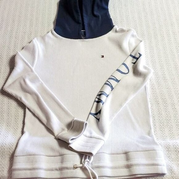 Tommy Hilfiger Logo Sleeve Embroidered Sz. XS White& Blue Waffle Knit Hoodie - Picture 1 of 9
